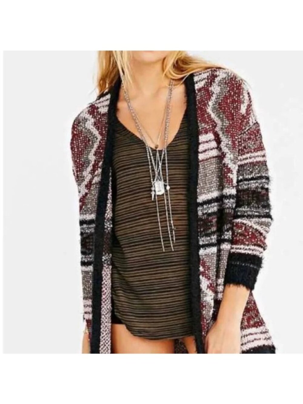 Ecote Small Open Knit Aztec Cardigan Sweater Fuzzy Trim Burgundy Boho Eclectic